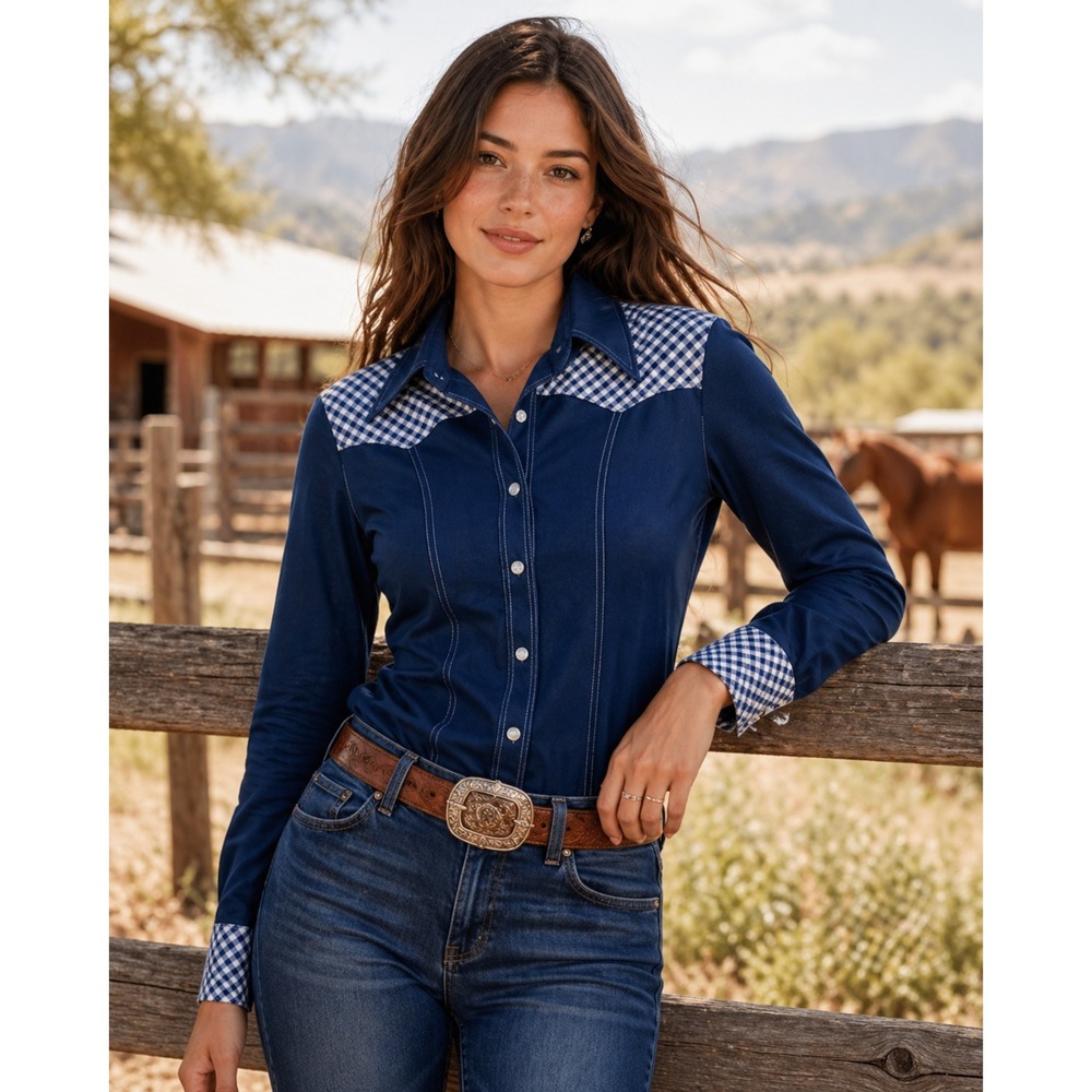 Prior Westerns Prior Press Button Front Shirt Womens Medium Blue White Vintage